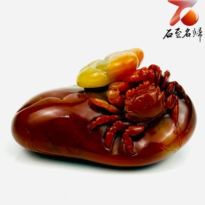 老撾石手工精雕 張國民老師作品【牡丹綻金・赤蟹呈祥】7