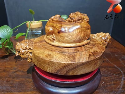 天然 海南黃花梨蜘蛛＋水波山水紋【招財貔貅聚寶盤】3