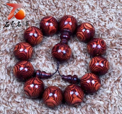 海南黃花梨野生料 頂級虎皮紋對眼鬼臉20mm手珠 重量50.9克4