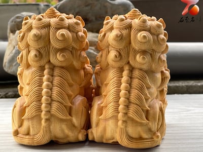黃楊木雕件【北京獅套組】單隻高10公分3