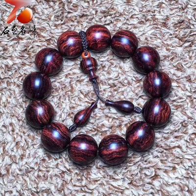 精品 海南黃花梨沉水紫油梨老料 水波紋18mm手珠 重量50.7克4