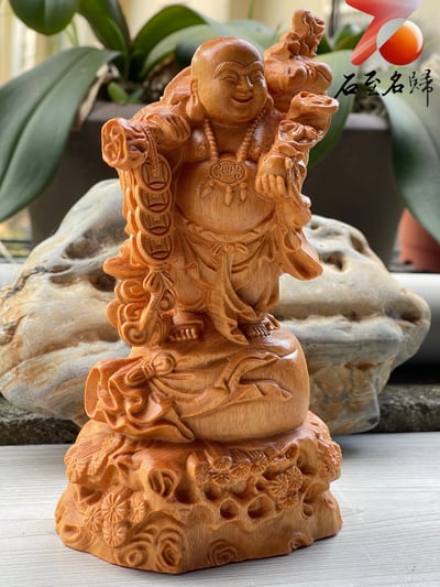 黃楊木佛像擺件【袋財彌勒】高14.5公分5