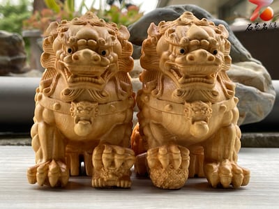 黃楊木雕件【北京獅套組】單隻高10公分1