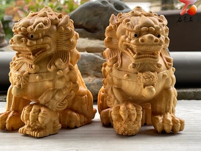 黃楊木雕件【北京獅套組】單隻高10公分5