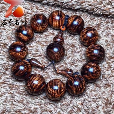 鼎藏 海南黃花梨沉水老料 鳳尾水波紋20mm手珠 重量63.1克4