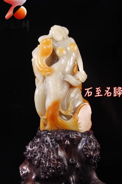 天然俏色巧雕老撾石 純手工雕刻精品【美人魚】3