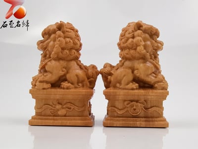 黃楊木整料雕刻 【陰陽合和，鎮宅招財之選】吉祥古獅對組 高6公分5