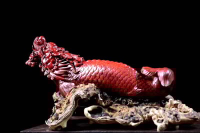 玄關招財風水擺件 印度小葉紫檀 名家手稿【魚化龍】1