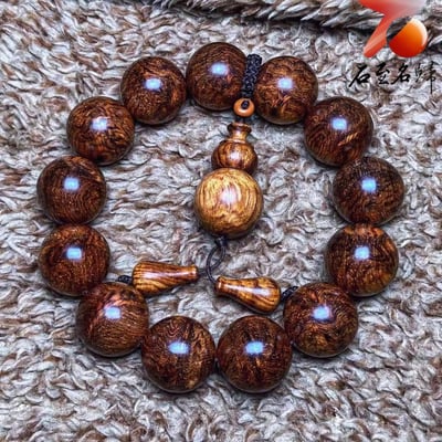 海南黃花梨老料 水波紋+瘤疤丁18mm手珠 重量41.5克5