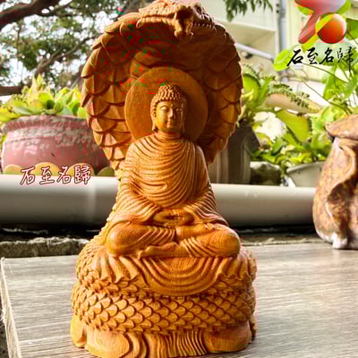 天然黃楊木整料雕刻【那伽護法佛】高12.5公分4