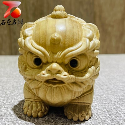 金絲楠木小葉楨楠 招財開運木雕【Q版醒獅】2