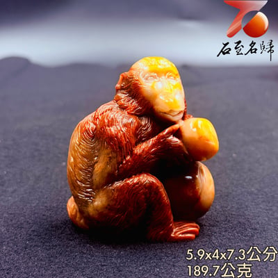 壽山石原石整料雕刻【金猴捧桃・福壽雙全】1