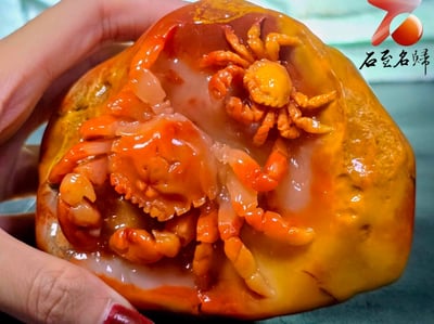 老撾田黃石手工精雕 張國民老師作品【和諧美滿，八方來財】9