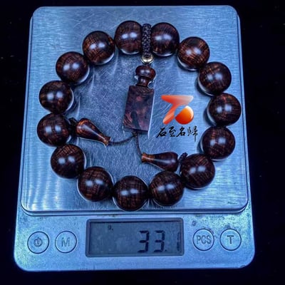 海南黃花梨 紫油梨沉水老料 爆滿鳳尾水波瘤疤花15mm手珠 重33.1公克7