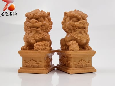黃楊木整料雕刻 【陰陽合和，鎮宅招財之選】吉祥古獅對組 高6公分4