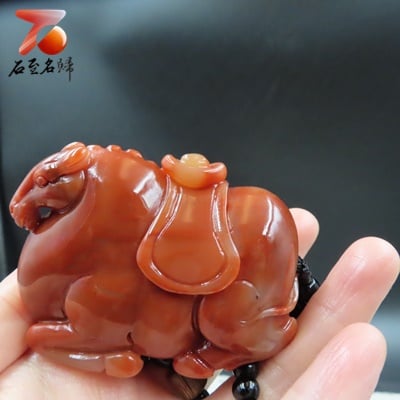 老撾結晶朱砂石 唐馬系列【馬上有財手把件】5