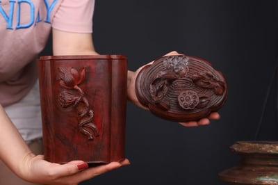 印度小葉紫檀 清刀款【鴛鴦戲水-大茶葉罐】2