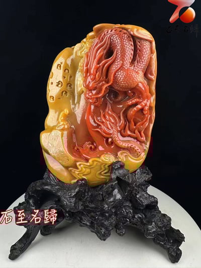 精品黃皮紅心寮國田黃石擺件【龍騰盛世】6