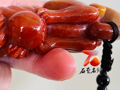 寮國紅心田黃 瑞獅戲球手把件 附精美收藏禮盒2