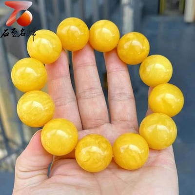 大器之選 極致之美 精品蜜蠟手珠 滿蜜雞油黃／黃花圓珠21mm手串3