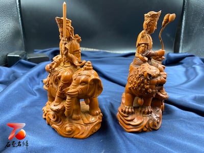 古件【文殊普賢菩薩套組】 附精美收藏禮盒 文殊菩薩高度約13.5公分、普賢菩薩高度約13公分4