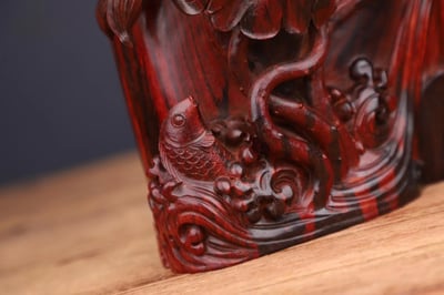 印度小葉紫檀精工作品【蓮年有餘筆筒】5