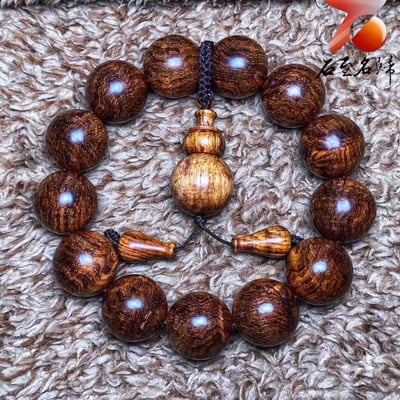 海南黃花梨老料 水波紋+瘤疤丁18mm手珠 重量41.5克7