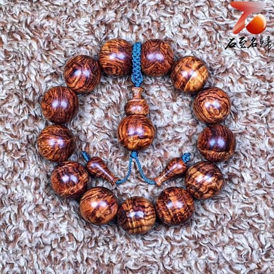 臻藏 海南黃花梨老料 極品七彩水波紋+瘤疤花18mm手珠 重量48.2克6