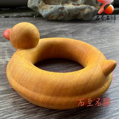 黃楊木＋非洲紅木原木拼接雕刻【黃色小鴨造型游泳圈】3