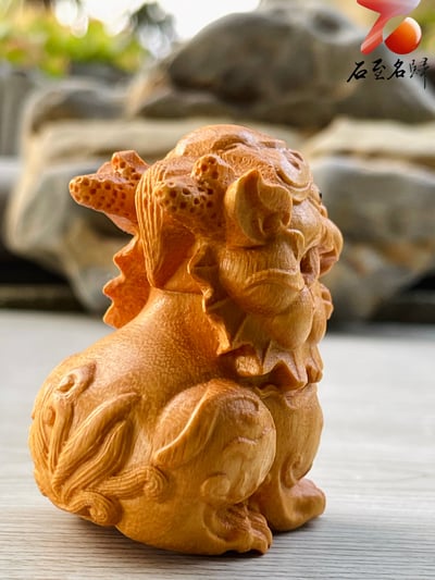 進口黃楊木雕件【Q版瑞獸麒麟】高6公分3