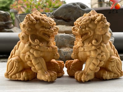 黃楊木雕件【北京獅套組】單隻高10公分4