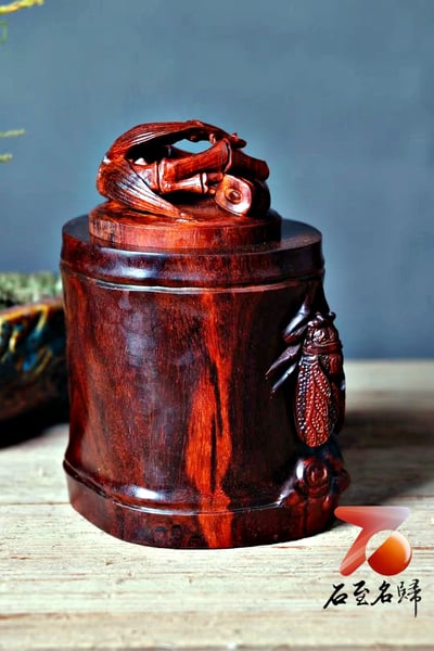 印度小葉紫檀精雕茶葉罐 【一鳴驚人】2