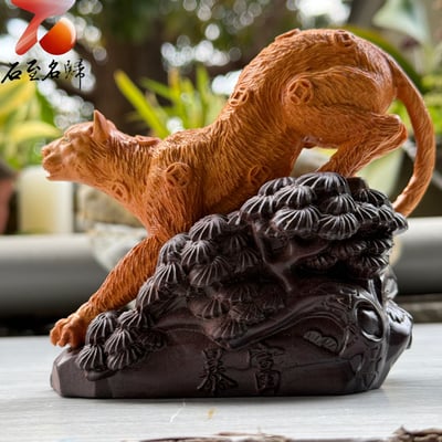 雲南黃金檀＋印尼黑檀木精雕作品 【金錢豹 - 一路爆發】2