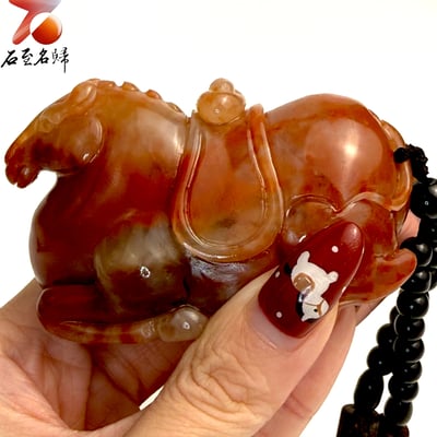 天然 老撾結晶高透光朱砂石【臥駿納寶】馬年開運石雕/手把件6