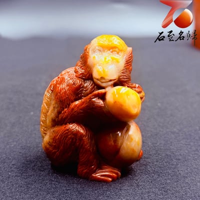 壽山石原石整料雕刻【金猴捧桃・福壽雙全】3