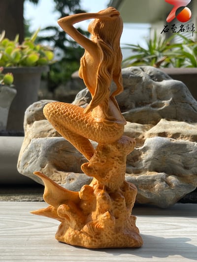 崖柏木原木雕件【小美人魚雕件】附收藏禮盒2