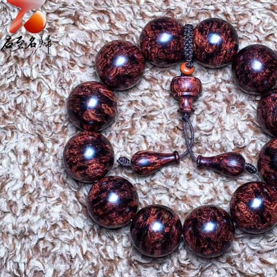 極品海南黃花梨老料 芝麻點+瘤疤花20mm手珠 重量53.7克2