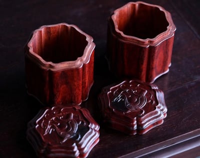 印度小葉紫檀整料純手工雕刻【招財螭龍-茶葉罐一對】2