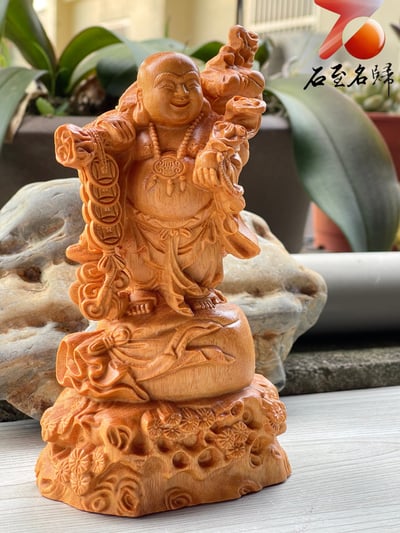 黃楊木佛像擺件【袋財彌勒】高14.5公分2