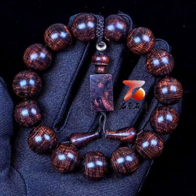 海南黃花梨 紫油梨沉水老料 爆滿鳳尾水波瘤疤花15mm手珠 重33.1公克1