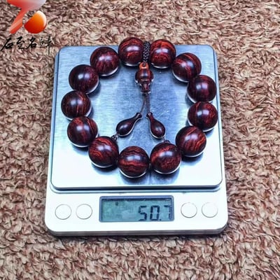 精品 海南黃花梨沉水紫油梨老料 水波紋18mm手珠 重量50.7克7