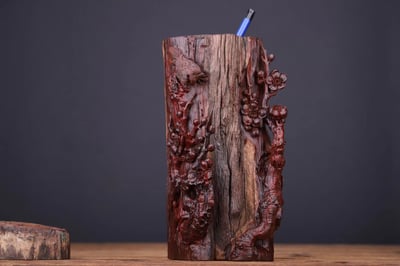 印度小葉紫檀【喜上梅梢-筆筒】2