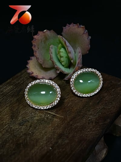 和田玉/貓眼碧玉/碧玉耳針式耳環 附精美收藏禮盒2