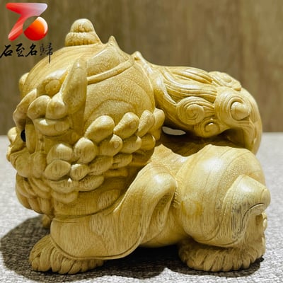 金絲楠木小葉楨楠 招財開運木雕【Q版醒獅】3