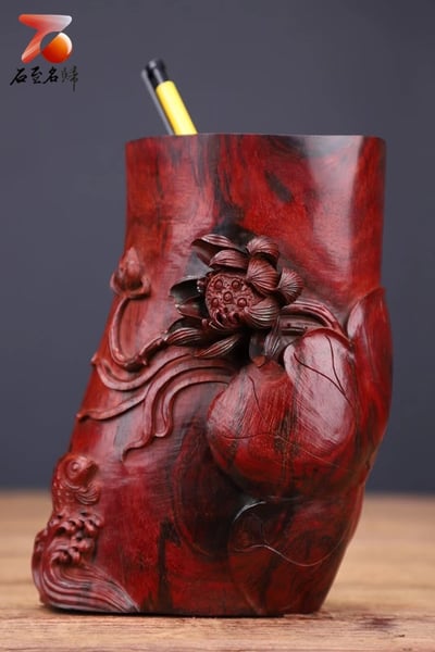 印度小葉紫檀【連年有餘筆筒】1