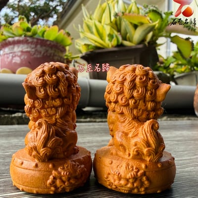 天然黃楊木整料雕刻【守福守財．吉祥古獅套組】3