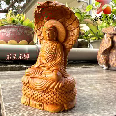 天然黃楊木整料雕刻【那伽護法佛】高12.5公分2