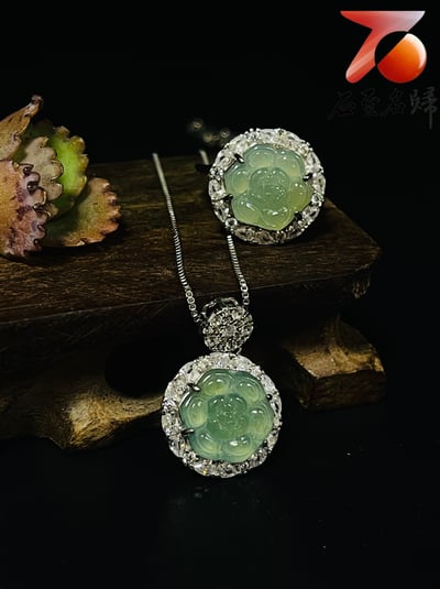 翡翠A貨+925銀項鍊【玫瑰造型戒指+吊墜項鍊套組】戒圍可伸縮 附玉石鑑定書2