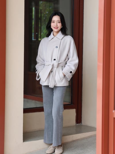 MARELLA羊毛和服袖腰帶短大衣2