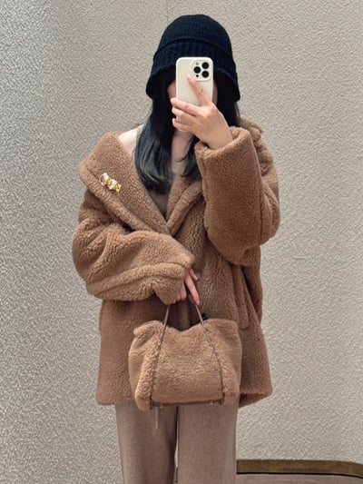 MaxMara經典款駝絨絲綢混紡短泰迪大衣3